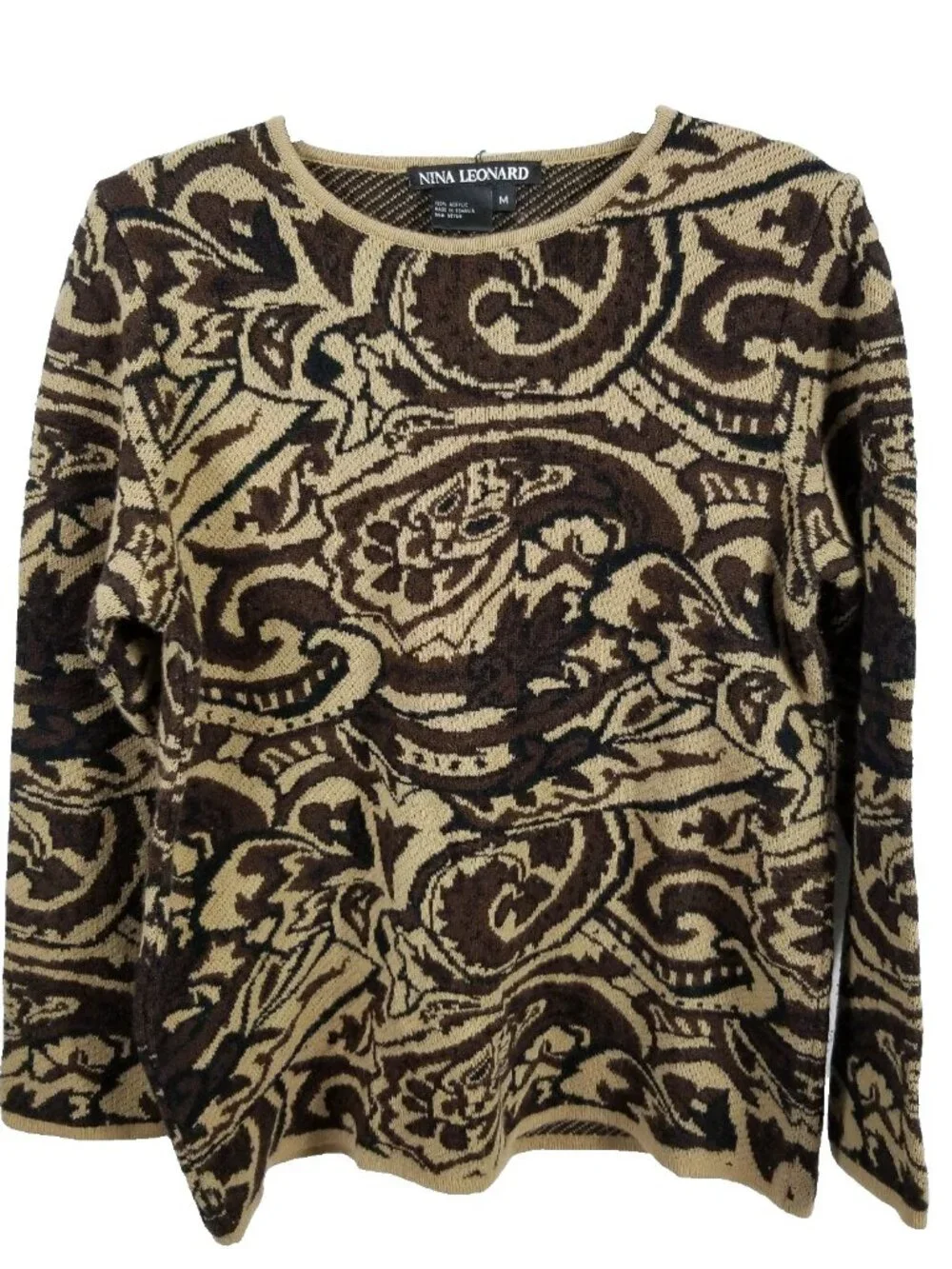 VINTAGE 90s Nina Leonard Sweater Women Medium Acrylic Brown Paisley Knit Leopard